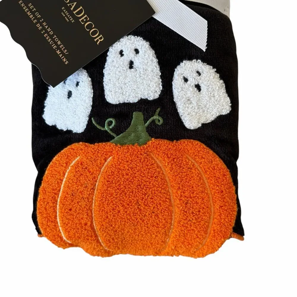 Kassadecor Embroidered Halloween Hand Towel Set of 2 Plush Pumpkins Ghost NEW